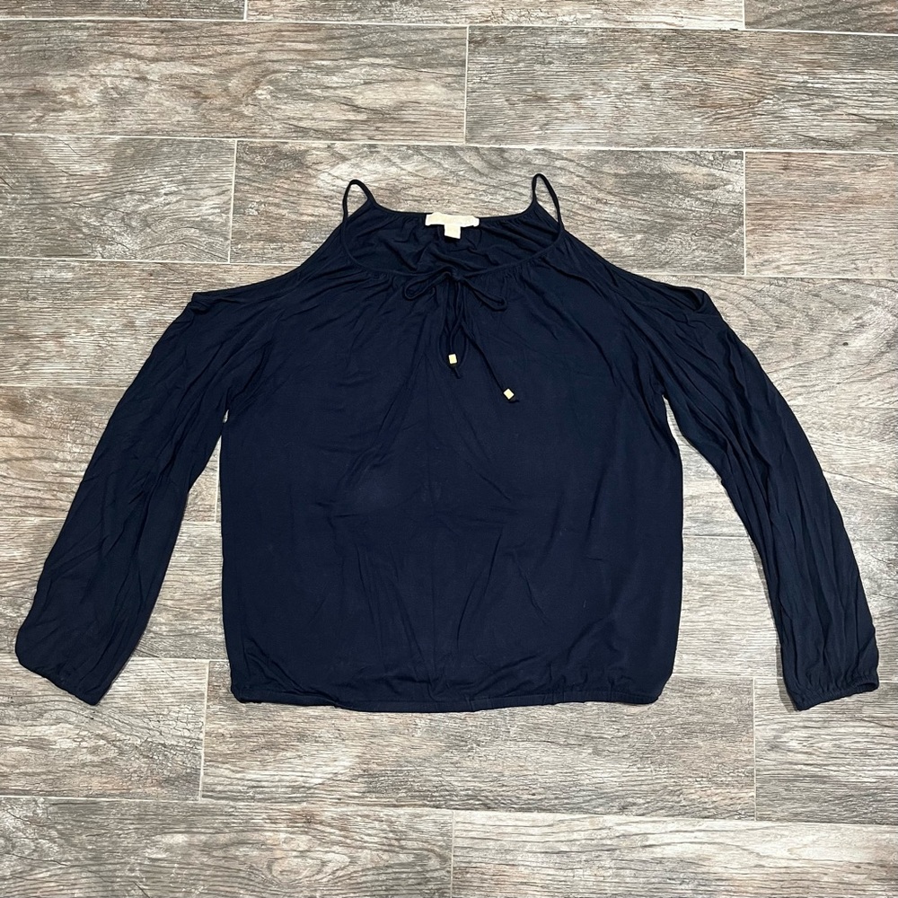 Women's Navy Cold-Shoulder Tie-Neck Top